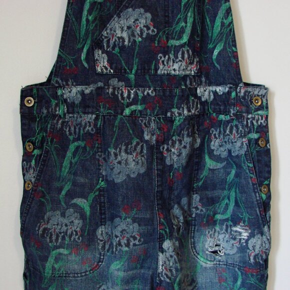 Denim Jean Overalls Japanese Floral Artsy Distressed Carpenter Loose Fit Large - Picture 9 of 16